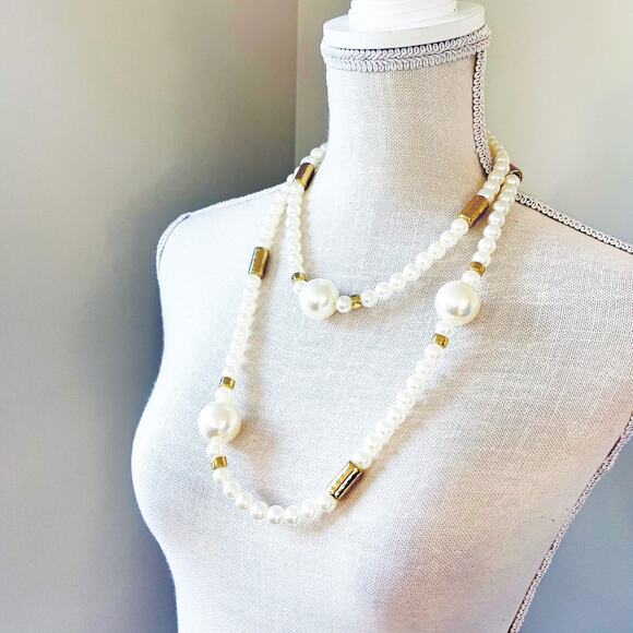 Chico’s Long Faux Pearl & Gold Necklace - Picture 6 of 10